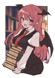 Rule 34 | 1girl, :d, ahase hino, bat wings, black skirt, black vest, blush, book, book stack, border, breast rest, breasts, commentary request, cowboy shot, cropped legs, fang, hair between eyes, happy, head wings, highres, holding, holding book, juliet sleeves, koakuma, large breasts, long hair, long sleeves, looking at viewer, necktie, open mouth, outside border, pointy ears, puffy sleeves, red eyes, red hair, red necktie, skin fang, skirt, skirt set, smile, solo, touhou, very long hair, vest, white border, wing collar, wings