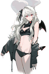 Rule 34 | 1girl, absurdres, balloon, bare shoulders, black bow, black jacket, black wings, bow, breasts, cleavage, cleavage cutout, clothing cutout, demon tail, demon wings, fingernails, gem, genderswap, genderswap (mtf), grey background, grey hair, grey nails, hair between eyes, hair bow, heart, heart background, highres, holding, holding balloon, jacket, kuzuha (nijisanji), long hair, long tail, looking at viewer, mini wings, nail polish, navel, nijisanji, open clothes, open jacket, parted lips, pointy ears, red gemstone, sensasaa, side ponytail, simple background, sleeves past wrists, solo, star (symbol), star balloon, tail, teeth, turtleneck, vampire, virtual youtuber, white background, wings