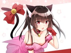 Rule 34 | 1girl, animal ears, arm strap, bell, bent over, bow, breasts, brown hair, cat ears, cat tail, choker, collarbone, cosplay, downblouse, floating hair, gloves, hair between eyes, hand fan, lanlanlap, long hair, looking at viewer, mew ichigo, mew ichigo (cosplay), miniskirt, no bra, open mouth, pink skirt, red bow, red eyes, red gloves, senki zesshou symphogear, skirt, sleeveless, small breasts, solo, strapless, tail, tail bell, tail bow, tail ornament, tokyo mew mew, tsukuyomi shirabe, white background