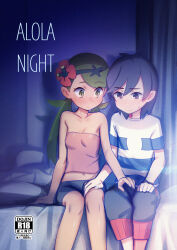 Rule 34 | 1boy, 1girl, absurdres, bed, bedroom, black eyes, black hair, breasts, content rating, cover, cover page, creatures (company), dark-skinned female, dark skin, doujin cover, elio (pokemon), flower, game freak, green eyes, green hair, hair flower, hair ornament, hand on another&#039;s thigh, highres, indoors, mallow (pokemon), navel, nervous, night, nintendo, on bed, pokemon, pokemon sm, shamonabe, shirt, short sleeves, shorts, sitting, sleeveless, small breasts, strapless
