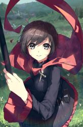 1girl absurdres black_dress black_hair cape commentary dress english_commentary grass grey_eyes highres holding holding_polearm holding_weapon lens_flare long_sleeves looking_at_viewer mayjinjin outdoors parted_lips polearm red_cape ruby_rose rwby short_hair smile solo standing weapon