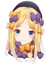 Rule 34 | abigail williams (fate), absurdres, artist name, black bow, black hat, black neckwear, blonde hair, blue eyes, blush, bow, commentary request, fate/grand order, fate (series), hat, highres, looking at viewer, multiple boys, orange bow, orange neckwear, parted bangs, polka dot, polka dot bow, portrait, simple background, solo, w-t, white background