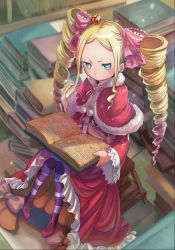 Rule 34 | 10s, 1girl, angry, beatrice (re:zero), blonde hair, blue eyes, book, bug, butterfly, butterfly-shaped pupils, capelet, crown, dress, drill hair, fur trim, hair ribbon, insect, long hair, long sleeves, looking at viewer, mini crown, pantyhose, re:zero kara hajimeru isekai seikatsu, ribbon, san (kero1991), sitting, solo, striped clothes, striped pantyhose, symbol-shaped pupils, twin drills, twintails