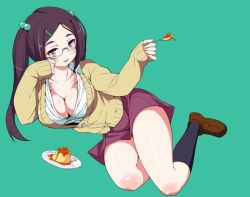 Rule 34 | 1girl, bad id, bad pixiv id, breasts, brown hair, cleavage, endou masatoshi, food, glasses, hair ornament, hairclip, holding, holding spoon, large breasts, legs, long hair, original, pink eyes, pudding, school uniform, shirt, shoes, skirt, socks, solo, spoon, sweater vest, twintails, unbuttoned