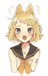 Rule 34 | 1girl, :o, animal ears, bare shoulders, black collar, blonde hair, blue eyes, cat ears, collar, commentary, cropped torso, fang, hair ornament, hairclip, hikaero kakin, kagamine rin, looking at viewer, neckerchief, open mouth, paw print, sailor collar, shirt, short hair, shoulder tattoo, sleeveless, sleeveless shirt, solo, swept bangs, tattoo, upper body, vocaloid, white background, white shirt, yellow neckerchief
