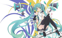 Rule 34 | 1girl, aqua hair, bad id, bad pixiv id, bare shoulders, black thighhighs, blue eyes, boots, faefaea, hatsune miku, hatsune miku (append), highres, long hair, simple background, sitting, solo, thigh boots, thighhighs, twintails, very long hair, vocaloid, vocaloid append, white background