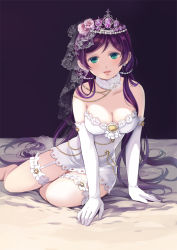 Rule 34 | 10s, 1girl, :d, aqua eyes, arm support, bad id, bad pixiv id, bare shoulders, beads, blush, breasts, bridal garter, brooch, cleavage, collarbone, detached collar, dress, earrings, floral print, flower, frills, garter straps, gem, gloves, hair beads, hair flower, hair ornament, hair over shoulder, jewelry, kamui (kamuikaoru), lace, lace-trimmed dress, lace-trimmed gloves, lace trim, long hair, looking at viewer, love live!, love live! school idol festival, love live! school idol project, low twintails, medium breasts, on bed, open mouth, pearl (gemstone), pearl earrings, pink flower, pink lips, pink rose, purple hair, rose, rose print, see-through, shade, short dress, sitting, smile, solo, strapless, strapless dress, swept bangs, tiara, tojo nozomi, twintails, veil, very long hair, wedding dress, white dress, white gloves, yokozuwari