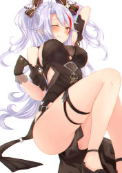 Rule 34 | 1girl, :q, alternate costume, ankle strap, antenna hair, arm up, azur lane, black dress, black footwear, blush, bow, breasts, brown eyes, chromatic aberration, dress, gatchapowa, gloves, hair between eyes, hand up, high heels, large breasts, long hair, looking at viewer, multicolored hair, one eye closed, prinz eugen (azur lane), prinz eugen (cordial cornflower) (azur lane), red hair, sidelocks, silver hair, simple background, smile, solo, streaked hair, thighs, tongue, tongue out, two side up, very long hair, white background