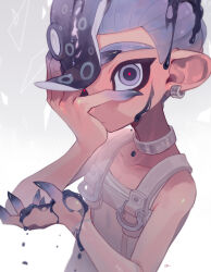 Rule 34 | 1boy, agent 8 (splatoon), bodysuit, closed mouth, collarbone, commentary request, earrings, gelatin, grey background, grey eyes, grey hair, highres, hoop earrings, jewelry, male focus, nintendo, octoling, octoling boy, octoling player character, short hair, sleeveless, sleeveless bodysuit, solo, splatoon (series), splatoon 3, splatoon 3: side order, suke 81, tentacle hair, thick eyebrows, white bodysuit
