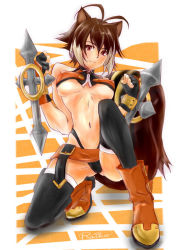 Rule 34 | 1girl, :3, animal ears, arc system works, blazblue, blazblue: continuum shift, blush, breasts, brown eyes, brown hair, cleavage, dual wielding, fingerless gloves, gloves, holding, kneeling, makoto nanaya, midriff, navel, on one knee, orange skirt, raikodon, revealing clothes, skirt, smile, solo, squirrel ears, squirrel tail, tail, thong, toned, tonfa, underboob, weapon