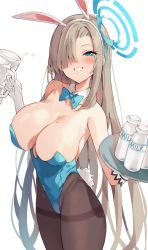 Rule 34 | 1girl, animal ears, asuna (blue archive), asuna (bunny) (blue archive), black pantyhose, blue archive, blue bow, blue bowtie, blue leotard, blue ribbon, blush, bottle, bow, bowtie, breasts, cleavage, commentary request, cup, detached collar, fake animal ears, gloves, grin, hair over one eye, hair ribbon, hairband, highres, holding, holding cup, holding tray, legs together, leotard, light brown hair, long hair, looking at viewer, milk bottle, mole, mole on breast, pantyhose, playboy bunny, rabbit ears, rabbit tail, ribbon, simple background, smile, solo, standing, tail, thighband pantyhose, traditional bowtie, tray, unacchi (nyusankin), very long hair, white background, white gloves, white hairband