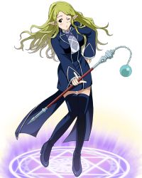 Rule 34 | blonde hair, blue dress, blue footwear, blush, boots, breasts, dress, floating hair, full body, hand on own hip, high heel boots, high heels, holding, holding staff, log horizon, long hair, looking at viewer, magic circle, marielle (log horizon), medium breasts, official art, one eye closed, parted lips, pointy ears, round table uniform, short dress, solo, staff, thigh boots, thighhighs, transparent background, uniform, very long hair, zettai ryouiki
