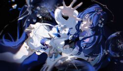 Rule 34 | 1girl, blue eyes, blue hair, closed mouth, commentary, commentary request, dress, english commentary, highres, jacket, long hair, looking at viewer, mixed-language commentary, nana asteria, prism project, reaching, reaching towards viewer, solo, ubwmitekure, virtual youtuber, white dress