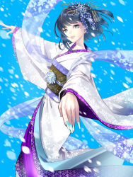 Rule 34 | blue hair, closed mouth, hair ornament, highres, hisho collection, japanese clothes, kaekae, kimono, pink lips, snowing, solo