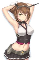 Rule 34 | 10s, 1girl, ;), armpits, arms behind head, arms up, black skirt, blush, breasts, brown hair, cleavage, closed mouth, cowboy shot, gloves, green eyes, hairband, headgear, kantai collection, medium breasts, miniskirt, monoku, mutsu (kancolle), navel, one eye closed, pleated skirt, radio antenna, short hair, skirt, smile, solo, stomach, white gloves