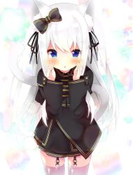 Rule 34 | 1girl, animal ear fluff, animal ears, backlighting, band uniform, black capelet, black dress, black ribbon, blue eyes, blush, calling, capelet, cat ears, cat girl, cat tail, commentary request, cowboy shot, crossed bangs, dress, expressionless, fuuna thise, garter straps, gold trim, hair ribbon, hands on own cheeks, hands on own face, long hair, long sleeves, mashiro yuyu, ribbon, sidelocks, skindentation, solo, tail, thighhighs, two side up, virtual youtuber, wactor production, white thighhighs, wing collar, zettai ryouiki
