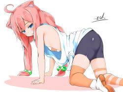 Rule 34 | 1girl, ahoge, all fours, animal ears, ass, asymmetrical legwear, bike shorts, blue eyes, blush, boots, cat ears, flat chest, from side, hair bobbles, hair ornament, hinata channel, long hair, low twintails, mismatched legwear, nekomiya hinata, open mouth, orange thighhighs, pink hair, sch, shorts, solo, striped clothes, striped thighhighs, thighhighs, twintails, vest, virtual youtuber, white vest