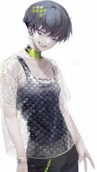 Rule 34 | 1girl, bubble wrap, chain, choker, ear piercing, earrings, grey hair, hair between eyes, highres, jewelry, looking at viewer, nail polish, ohisashiburi, open mouth, original, pants, piercing, pink eyes, ring, see-through, see-through shirt, see-through sleeves, shirt, short hair, short sleeves, simple background, smile, solo, teeth, upper body, v, watch, white background, wristwatch