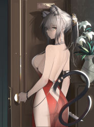 Rule 34 | 1girl, alternate costume, animal ear fluff, animal ears, arknights, ass, backless dress, backless outfit, bare arms, bare shoulders, cat ears, cat tail, commentary, cowboy shot, da (datako), door, dress, earrings, english commentary, grey eyes, grey hair, hair between eyes, highres, indoors, jewelry, long hair, looking at viewer, red dress, schwarz (arknights), see-through, sleeveless, sleeveless dress, solo, standing, tail, vase