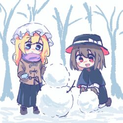 Rule 34 | 2girls, :&gt;, :d, black capelet, black headwear, black skirt, blonde hair, blue eyes, blue mittens, blush, brown footwear, brown hair, brown jacket, brown mittens, capelet, chibi, closed mouth, commentary, hat, irregularmonth, jacket, long hair, maribel hearn, mittens, mob cap, multiple girls, nose blush, open mouth, purple scarf, red eyes, scarf, shoes, skirt, smile, snow, snowman, touhou, usami renko, white headwear