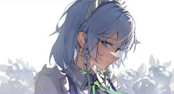 Rule 34 | 1girl, blue eyes, blue vest, closed mouth, commentary, floral background, flower, frills, green ribbon, grey hair, highres, izayoi sakuya, looking at viewer, maid headdress, medium hair, neck ribbon, portrait, ribbon, rosehip t72, shirt, sideways glance, smile, solo, touhou, twintails, vest, white background, white flower, white shirt