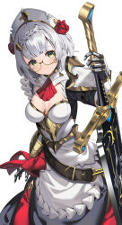 Rule 34 | 1girl, absurdres, apron, armor, bespectacled, blush, braid, breasts, closed mouth, crown braid, dress, flower, frilled apron, frills, gauntlets, genshin impact, glasses, greatsword, green eyes, hair flower, hair ornament, highres, holding, holding sword, holding weapon, looking at viewer, maid, maid headdress, medium breasts, noelle (genshin impact), red flower, red rose, rose, semi-rimless eyewear, short hair, shoulder armor, simple background, smile, solo, sword, under-rim eyewear, weapon, white apron, white background, white hair, yellow-framed eyewear, yuujin (yuzinn333)