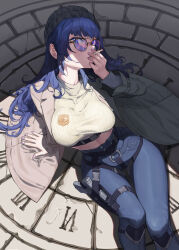 Rule 34 | 1girl, absurdres, aries991, arm support, beanie, belt, black belt, black hat, blue-tinted eyewear, blue eyes, blue hair, blue pants, breasts, brown coat, buckle, cigarette, coat, commentary request, crop top, denim, feet out of frame, fingernails, glasses, gun, handgun, harness, hat, high-waist pants, highres, holding, holding cigarette, hololive, hololive english, holstered, jeans, knee pads, korean commentary, large breasts, long hair, long sleeves, looking at viewer, midriff, nail polish, official alternate costume, official alternate hair length, official alternate hairstyle, on ground, open clothes, open coat, ouro kronii, ouro kronii (casual), pants, police badge, purple nails, revision, ribbed shirt, shade, shirt, sitting, smoking, snap-fit buckle, solo, tinted eyewear, trench coat, turtleneck, underbust, virtual youtuber, weapon, white shirt, yellow-framed eyewear