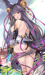 Rule 34 | 1girl, animal ears, ass, bare shoulders, blush, breasts, come hither, erune, fang, fox ears, fox tail, from behind, granblue fantasy, highres, large breasts, long hair, looking at viewer, looking back, muka tsuku, naughty face, open mouth, purple eyes, purple hair, shiny skin, sideboob, skirt, smile, solo, tail, thong, very long hair, yuel (granblue fantasy)