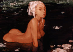Rule 34 | 1girl, all fours, ass, breasts, brown eyes, earrings, face, fcp, female focus, flower, jewelry, lily (flower), lily pad, lips, looking at viewer, nipples, nude, original, parted lips, partially submerged, solo, submerged, wading, water, white hair