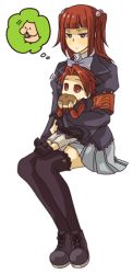 Rule 34 | 1boy, 1girl, aged down, black thighhighs, brother and sister, eating, hair bobbles, hair ornament, hamster, lap, lowres, mikawa (xxcrisp), red eyes, red hair, siblings, simple background, sitting, sitting on lap, sitting on person, size difference, thighhighs, thought bubble, umineko no naku koro ni, ushiromiya ange, ushiromiya battler, white background, xxcrisp, zettai ryouiki