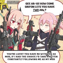Rule 34 | 2girls, ?, ar-15, artist name, banana (girls&#039; frontline), beige background, blush, closed eyes, coat, english text, eyebrows, female focus, girls&#039; frontline, gloves, gun, holding, holding gun, holding weapon, long hair, looking at another, m4 sopmod ii, m4 sopmod ii (girls&#039; frontline), m4 sopmod ii (mod3) (girls&#039; frontline), magazine (weapon), magpul, mechanical arms, meme, multicolored hair, multiple girls, open mouth, out of frame, parody, pink hair, pixiv id, pointing, pointing at another, raised eyebrow, red eyes, rifle, scope, sidelocks, simple background, single mechanical arm, smug, snafu (snafy snu), speech bubble, st ar-15 (girls&#039; frontline), st ar-15 (mod3) (girls&#039; frontline), streaked hair, teardrop mouth, thumb out, trench coat, triangle mouth, watermark, weapon
