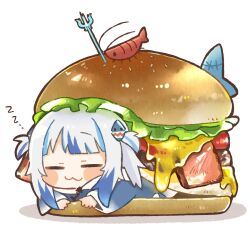 Rule 34 | 1girl, :3, = =, blue hair, blunt bangs, blush stickers, burger, cheese, chibi, commentary, ebi-chan (gawr gura), food, food focus, gawr gura, ham, highres, hololive, hololive english, in food, lettuce, multicolored hair, polearm, same anko, shrimp, simple background, sleeping, solo, symbol-only commentary, trident, two-tone hair, two side up, virtual youtuber, weapon, white background, white hair, zzz