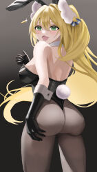 Rule 34 | 1girl, alternate costume, artist request, ass, ass grab, bare shoulders, blonde hair, blush, breasts, come hither, deep skin, from behind, gloves, goddess of victory: nikke, green eyes, highres, huge ass, large breasts, leotard, long hair, looking at viewer, naughty face, open mouth, pantyhose, playboy bunny, rabbit ears, rabbit tail, rupee (nikke), rupee (rabbit deluxe) (nikke), sideboob, smile, solo, tail, thong leotard, very long hair