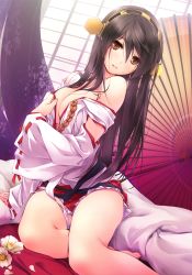 Rule 34 | 10s, 1girl, bare shoulders, barefoot, black hair, breasts squeezed together, breasts, brown eyes, cleavage, covering privates, covering breasts, feet, flower, hair between eyes, haruna (kancolle), ichikawa noa, kantai collection, long hair, oil-paper umbrella, sitting, solo, toes, umbrella, yokozuwari