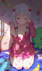 Rule 34 | 10s, 1girl, bare shoulders, barefoot, blue eyes, blush, bow, breasts, buttons, cangkong, collarbone, crescent print, day, eromanga sensei, frilled sleeves, frills, hair bow, highres, indoors, izumi sagiri, knees together feet apart, light frown, long hair, long sleeves, looking at viewer, low-tied long hair, off shoulder, open clothes, open pajamas, pajamas, pocket, red bow, silver hair, sitting, small breasts, solo, star (symbol), star print, stuffed animal, stuffed octopus, stuffed toy, stylus, sunlight, tears, waking up, wariza, wiping face, wiping tears