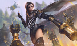 Rule 34 | 1girl, adela gro, black gloves, black hair, black jacket, black survival, braid, cane, capelet, chess piece, glasses, gloves, highres, jacket, looking at viewer, pawn (chess), queen (chess), rook (chess), tagme, thighhighs, tony maverick, yellow eyes, zettai ryouiki