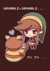 Rule 34 | ..., 1boy, absurdres, blue heart, blush, bright pupils, brown background, brown footwear, brown hair, chibi, commentary request, food, goriya (zelda), green headwear, hand on own face, highres, holding, holding food, link, looking at another, male focus, nintendo, outline, pointy ears, poronosuke, short hair, sidelocks, sitting, smile, squatting, the legend of zelda, the legend of zelda (nes), translation request, white outline, white pupils