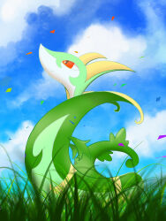 Rule 34 | animal focus, blue sky, blurry, blurry foreground, closed mouth, cloud, creatures (company), day, falling petals, from side, game freak, gen 5 pokemon, grass, highres, looking up, nintendo, no humans, outdoors, petals, pokemon, pokemon (creature), profile, red eyes, serperior, sky, slit pupils, snake, solo, uoxvt