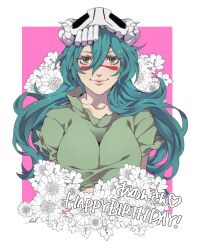 Rule 34 | 1girl, aqua hair, arrancar, bleach, border, breasts, closed mouth, cog hal, crop top, facepaint, floral background, green eyes, green skirt, hair between eyes, happy birthday, large breasts, long hair, looking at viewer, nelliel tu odelschwanck, pink background, short sleeves, skirt, skull, smile, solo, torn clothes, upper body, white border