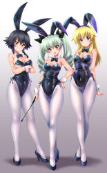 Rule 34 | 3girls, anchovy (girls und panzer), animal ears, bare shoulders, black bow, black footwear, black hair, black leotard, blonde hair, bow, braid, breasts, brown eyes, carpaccio (girls und panzer), cleavage, collar, crossed arms, curvy, detached collar, drill hair, fake animal ears, full body, girls und panzer, gradient background, green eyes, green hair, grin, hand on own hip, high heels, highleg, highleg leotard, highres, holding riding crop, kamogawa tanuki, large breasts, legs, leotard, long hair, looking at viewer, medium breasts, multiple girls, open mouth, pantyhose, pepperoni (girls und panzer), playboy bunny, rabbit ears, riding crop, shiny clothes, shiny skin, short hair, simple background, smile, source request, teeth, twin drills, twintails, white background, white pantyhose, wide hips, wrist cuffs
