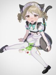 Rule 34 | 1girl, alternate costume, animal ears, apron, aqua bow, aqua ribbon, bell, black footwear, black skirt, blush, bow, breasts, brown eyes, cat ears, cat tail, cherry, commentary request, crying, crying with eyes open, detached collar, enmaided, fallen down, food, frilled apron, frills, fruit, glass, grey background, highres, holding, holding tray, ice cream, ice cream float, idolmaster, idolmaster cinderella girls, kemonomimi mode, light brown hair, looking at viewer, maid, maid headdress, mary janes, melon soda, midriff, monemasu, morikubo nono, neck ribbon, open mouth, pantyhose, puffy short sleeves, puffy sleeves, ribbon, ringlets, shoes, short sleeves, simple background, skirt, small breasts, solo, spill, tail, tail bell, tail bow, tail ornament, tareme, tears, tray, waist apron, white pantyhose, wrist cuffs