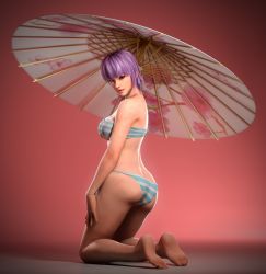Rule 34 | 1girl, absurdres, ass, ayane (doa), back, bandana, bare arms, bare back, bare shoulders, barefoot, bikini, breasts, butt crack, curvy, dead or alive, feet, highres, hip focus, holding, holding umbrella, kneeling, legs, looking back, purple hair, red eyes, short hair, solo, swimsuit, thick thighs, thighs, umbrella, wide hips, x2gon