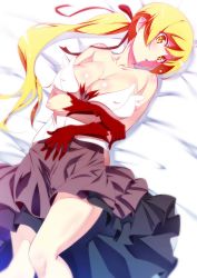 Rule 34 | 10s, 1girl, bare shoulders, bed sheet, blonde hair, blush, breasts, cleavage, covered erect nipples, dress, elbow gloves, gloves, hair ribbon, highres, kiss-shot acerola-orion heart-under-blade, kizumonogatari, large breasts, long hair, looking at viewer, lying, monogatari (series), on back, on bed, open mouth, oshino shinobu, ponytail, ribbon, shiny skin, solo, tanabe kyou, very long hair, yellow eyes