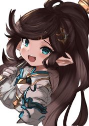 Rule 34 | 1girl, ahoge, blue eyes, brown hair, granblue fantasy, harvin, highres, maou (maoudaisukiya), over shoulder, pointy ears, polaris (granblue fantasy), ponytail, solo, weapon, weapon over shoulder, white background
