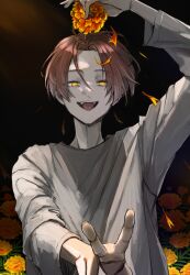 Rule 34 | 1boy, akebisousaku, arm up, brown hair, curtained hair, flower, highres, holding, holding flower, long sleeves, looking at viewer, male focus, open mouth, original, petals, short hair, smile, solo, tongue, upper body, v, yellow eyes