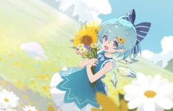 1girl :d ahoge blue_bow blue_dress blue_eyes blue_hair blue_sky bouquet bow cirno cirno_day cloud commentary dress dutch_angle feet_out_of_frame field flower flower_field hair_flower hair_ornament highres holding holding_bouquet ice ice_wings looking_at_viewer neck_ribbon open_mouth outdoors ribbon rock short_hair siyumu skirt sky sleeveless sleeveless_dress smile solo sunflower sunflower_hair_ornament touhou white_flower white_ribbon white_skirt wings