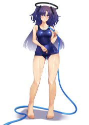 Rule 34 | 1girl, absurdres, alternate costume, bare arms, bare legs, bare shoulders, blue archive, blue one-piece swimsuit, blush, breasts, collarbone, commentary request, covered navel, feet, full body, halo, highres, holding, holding hose, hose, long hair, looking at viewer, medium breasts, one-piece swimsuit, open mouth, purple eyes, purple hair, solo, swimsuit, taiyou-n, two side up, water, wet, wet clothes, wet swimsuit, white background, wide hips, yuuka (blue archive)