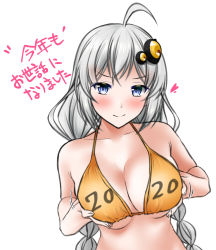 Rule 34 | &gt;:), 1girl, 2020, ahoge, bare arms, bare shoulders, bikini, blue eyes, blush, braid, breasts, cleavage, closed mouth, collarbone, commentary request, hair ornament, heart, kizuna akari, large breasts, long hair, looking at viewer, motion lines, orange bikini, silver hair, simple background, smile, smug, solo, swimsuit, translated, translation request, twin braids, v-shaped eyebrows, very long hair, vocaloid, voiceroid, white background, yumi (careca398)