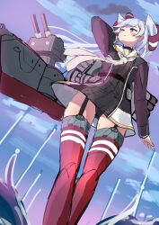 Rule 34 | 1girl, amatsukaze (kancolle), amatsukaze kai ni (kancolle), black dress, black panties, blue sky, brown dress, brown eyes, cloud, dress, dutch angle, feet out of frame, garter straps, grey hair, hair tubes, hat, highres, kantai collection, long hair, machinery, mini hat, osananajimi neko, panties, red thighhighs, sailor dress, short dress, sky, smokestack hair ornament, solo, striped clothes, striped thighhighs, thighhighs, two side up, underwear, unfinished