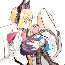 Rule 34 | 2girls, animal ear headphones, animal ears, black thighhighs, blonde hair, blue archive, blue necktie, blush, bow, cat ear headphones, closed mouth, couch, crying, crying with eyes open, fake animal ears, furrowed brow, hair bow, headphones, hood, hoodie, long sleeves, momoi (blue archive), multiple girls, necktie, on couch, open mouth, pink bow, pink eyes, pink hoodie, purple eyes, purple hair, shinbashi seiji, short hair, sweat, sweatdrop, teardrop, tears, thighhighs, thighs, white background, yuuka (blue archive)